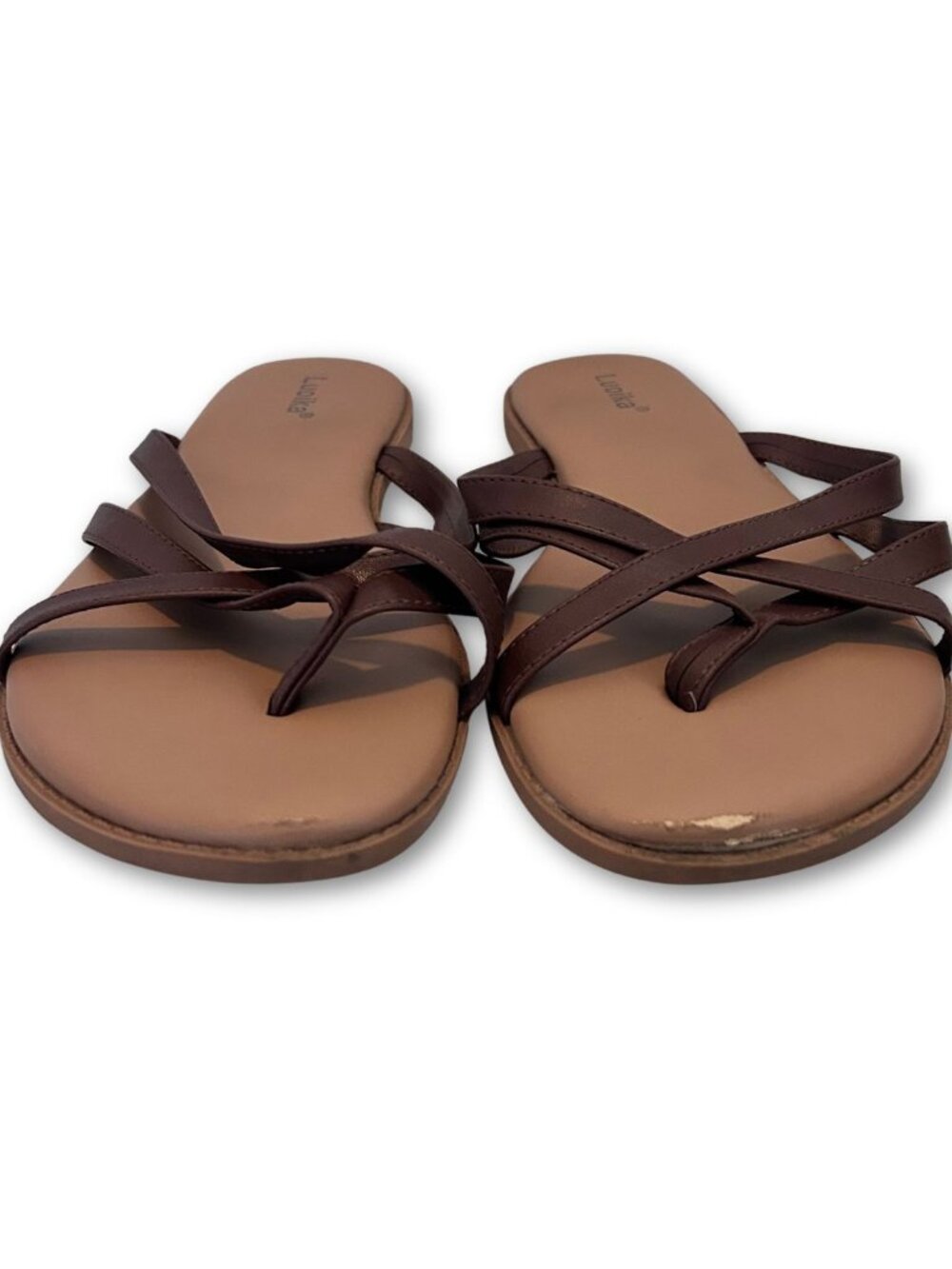 Luoika Women's Size 10.5 Wide Width Flat Slide Sandals Brown Strappy